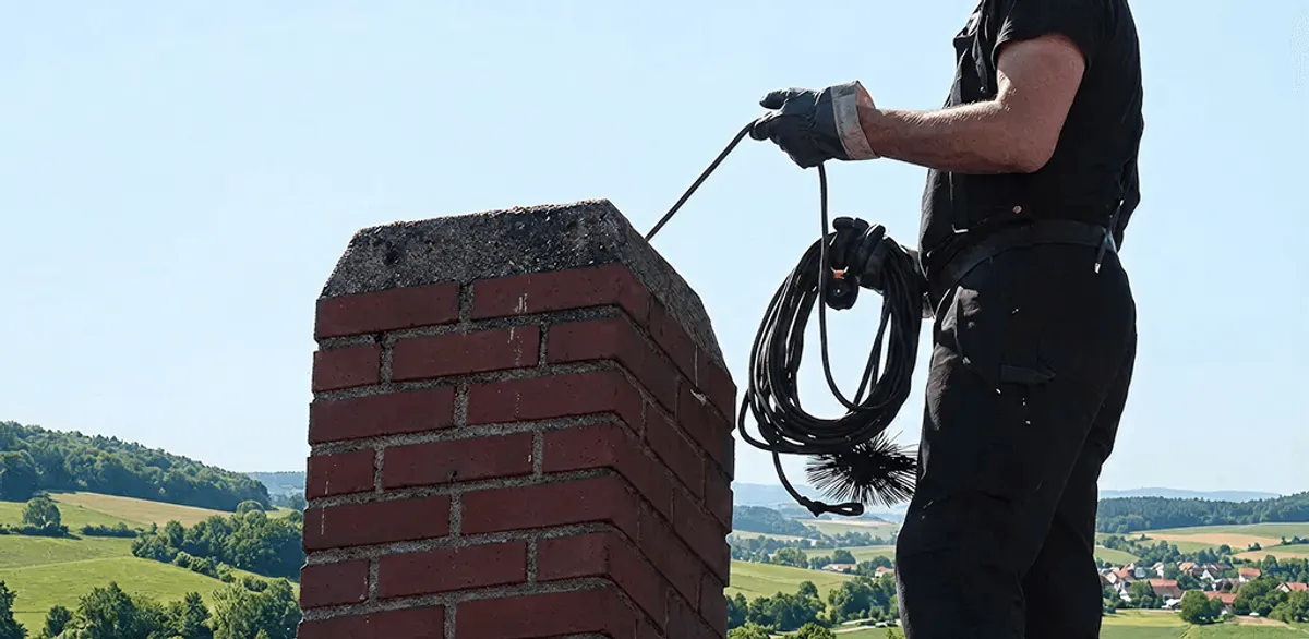 Chimney sweep inspecting and cleaning a rooftop chimney in Bellevue, WA