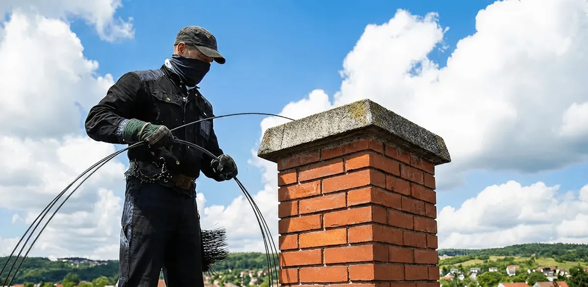 Chimney sweep cleaning a brick chimney with professional tools in Bellevue, WA